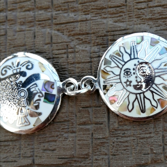 🌱 Native Bracelet-Mayan Symbols Abalone Inlay MEXICO Silver-Vintage - Picture 7 of 17
